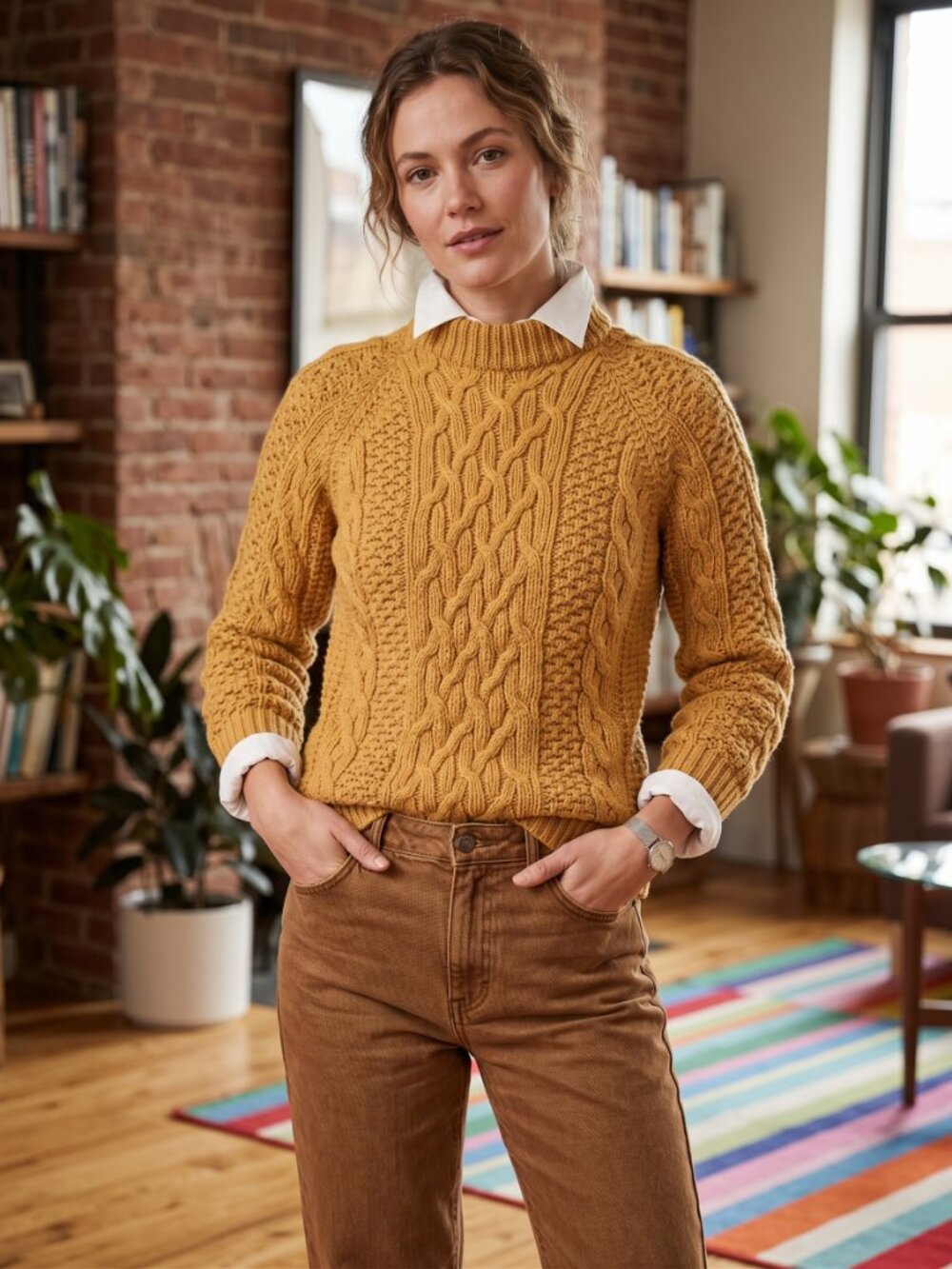 La Fée Maraboutée Mustard Marled Cable-Knit Mockneck Sweat